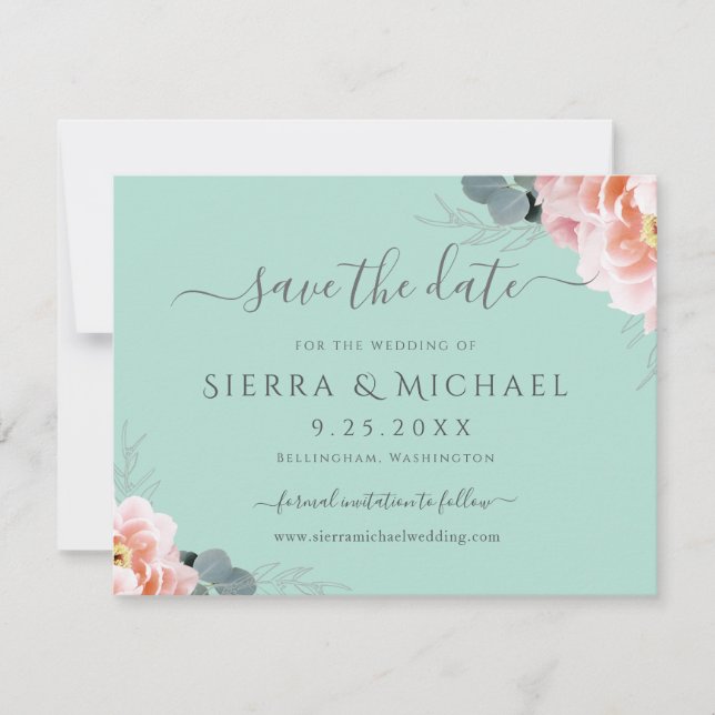 Elegant Mint Green Blush Pink Floral Save The Date Announcement (Front)