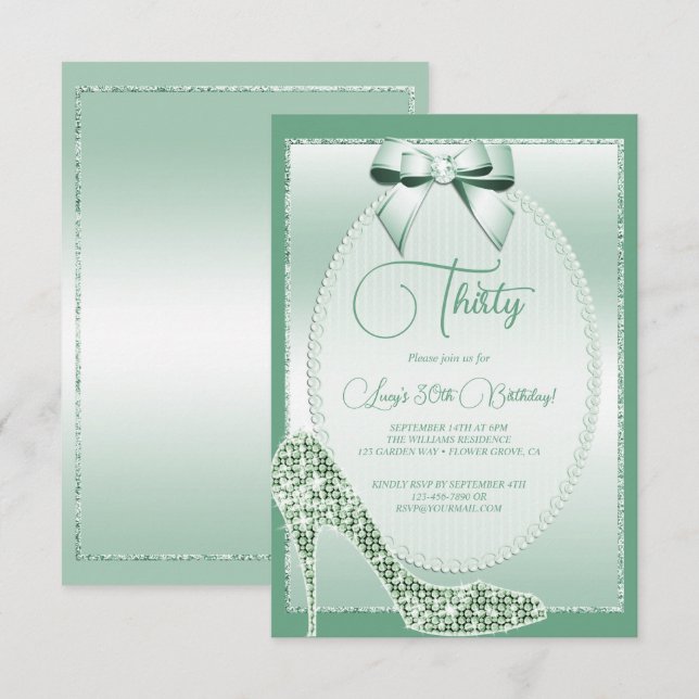Elegant Mint Green Bow & Stiletto Birthday Invitation (Front/Back)