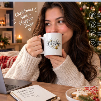 Elegant Mint Green Christmas Mug, Vintage Gold Hol Coffee Mug