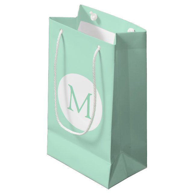 Elegant Mint Green Colour White Monogrammed Modern Small Gift Bag (Front Angled)