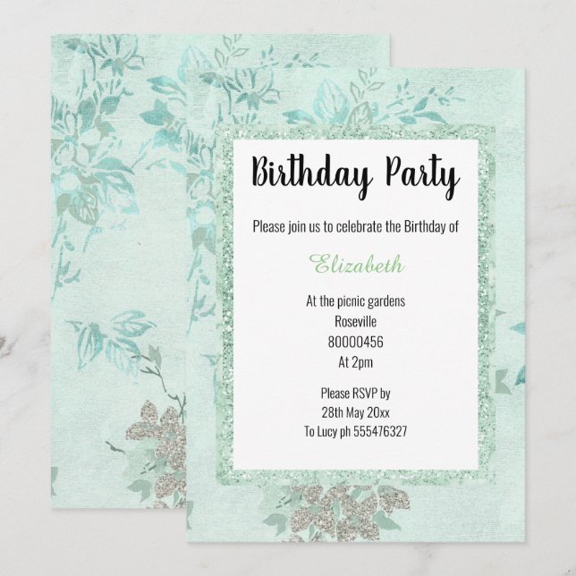 ELEGANT MINT GREEN FLORAL LAYERED BIRTHDAY INVITATION (Front/Back)