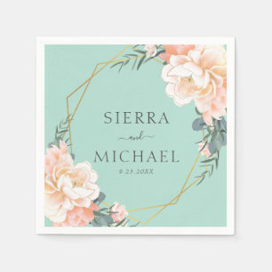 Elegant Mint Green Floral Peach Gold Wedding Napkin