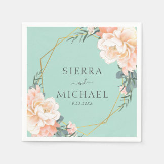 Elegant Mint Green Floral Peach Gold Wedding Napkin