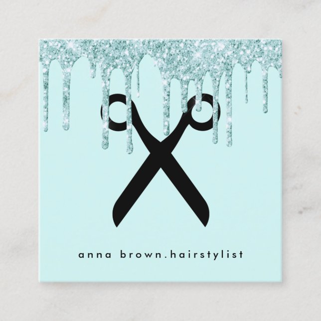 Elegant mint green glitter drips hairstylist square business card (Front)