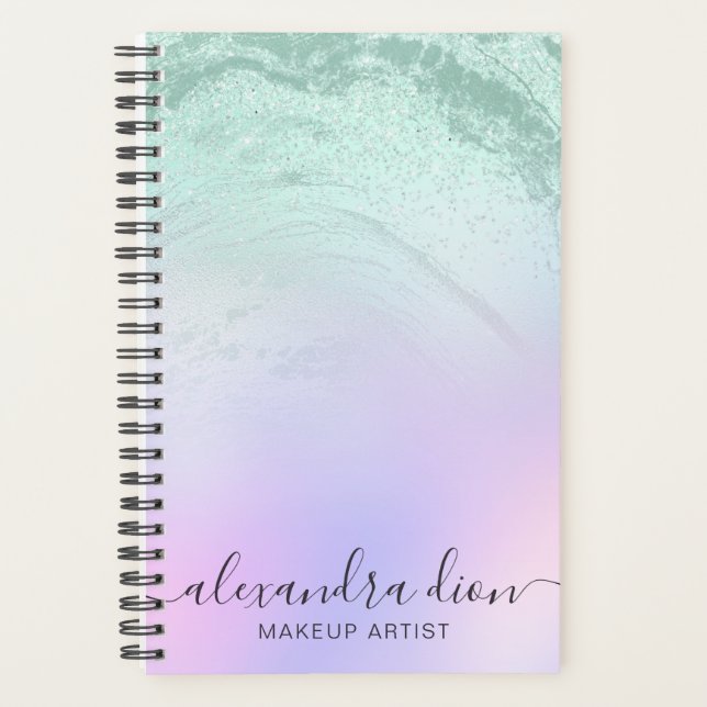 Elegant mint green glitter marble makeup artist planner (Front)