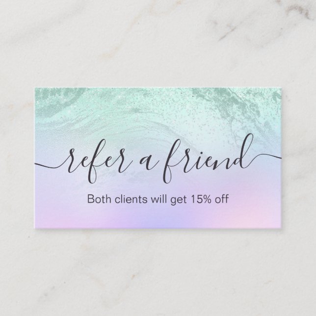 Elegant mint green glitter marble makeup artist referral card (Front)