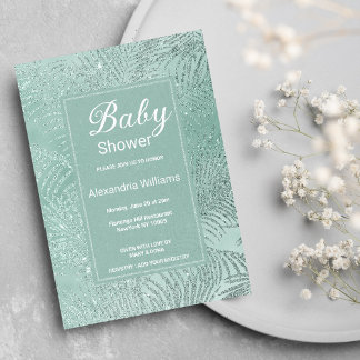 Elegant mint green glitter palm tree Baby Shower Invitation