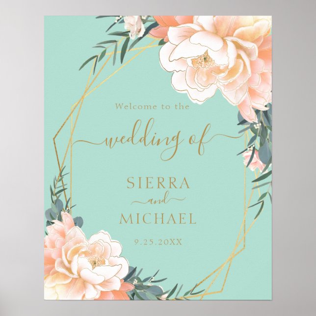 Elegant Mint Green Gold Blush Peach Floral Wedding Poster (Front)
