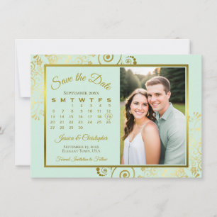 Elegant Mint Green & Gold Calendar Photo Wedding Save The Date