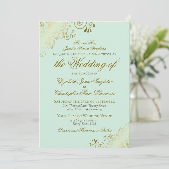 Elegant Mint Green & Gold Classic Formal Wedding Invitation (Standing Front)