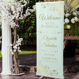 Elegant Mint Green & Gold Lacy Wedding Welcome Retractable Banner