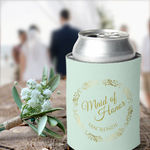 Elegant Mint Green & Gold Maid of Honour Wedding Can Cooler