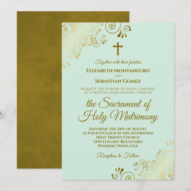 Elegant Mint Green & Gold Modern Catholic Wedding Invitation (Front/Back)