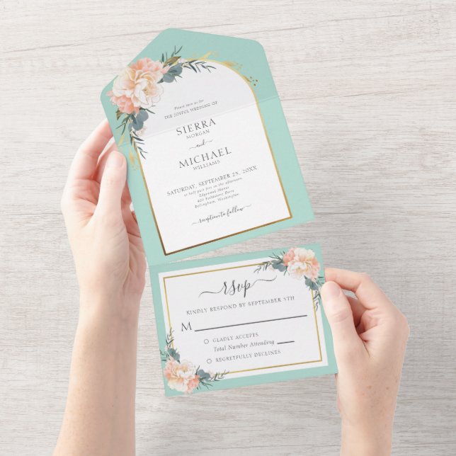 Elegant Mint Green Gold Peach Cream Floral Wedding All In One Invitation (Tearaway)