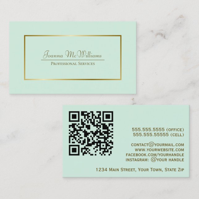 Elegant Mint Green & Gold Professional QR Code Business Card (Front/Back)