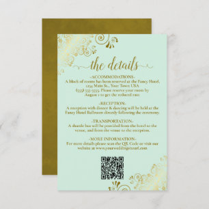 Elegant Mint Green & Gold Wedding QR Code Details Enclosure Card