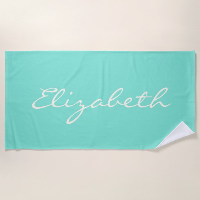 Elegant Mint Green Handwritten Script Name  Beach Towel (Front)