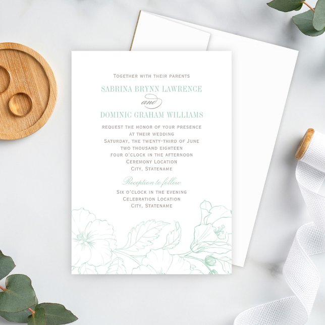 Elegant Mint Green Hibiscus Flowers Wedding Invitation (Creator Uploaded)