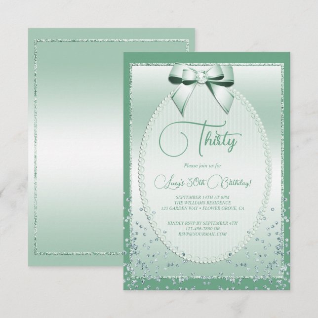 Elegant Mint Green Jeweled Bow & Confetti Birthday Invitation (Front/Back)