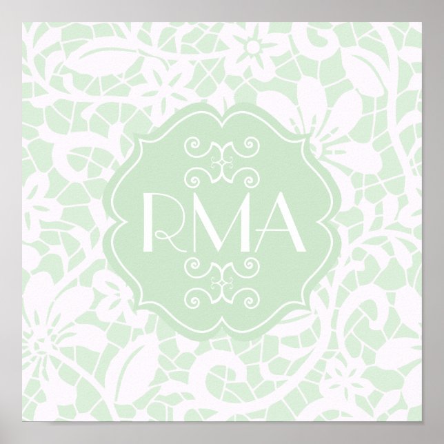Elegant Mint Green Lace Personalised Monogram Poster (Front)