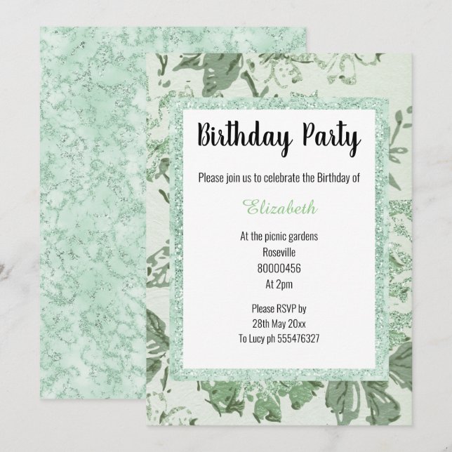 ELEGANT Mint Green Marble Floral Glitter Birthday Invitation (Front/Back)