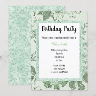 ELEGANT Mint Green Marble Floral Glitter Birthday Invitation