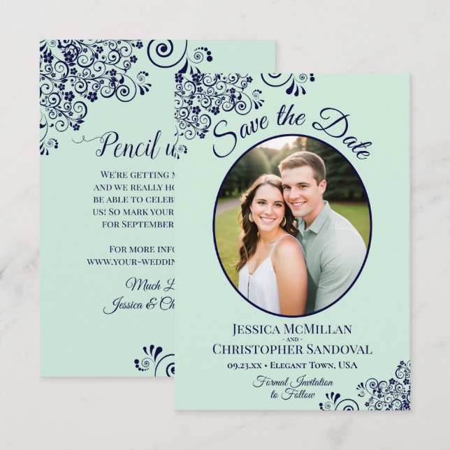 Elegant Mint Green & Navy Blue Oval Photo Wedding Save The Date (Front/Back)
