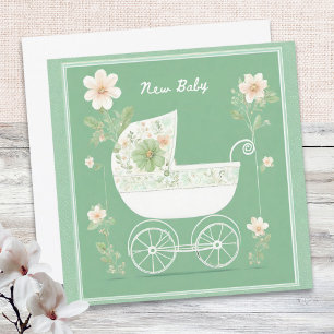 Elegant Mint Green Pretty Pram Flowers New Baby Card