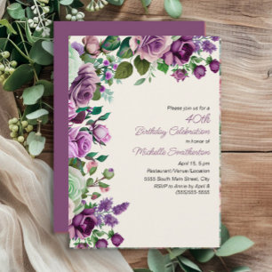 Elegant Mint Green Purple Floral 40th Birthday Invitation