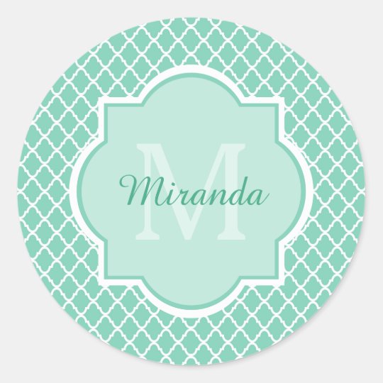 Elegant Mint Green Quatrefoil Monogram With Name Classic Round Sticker ...