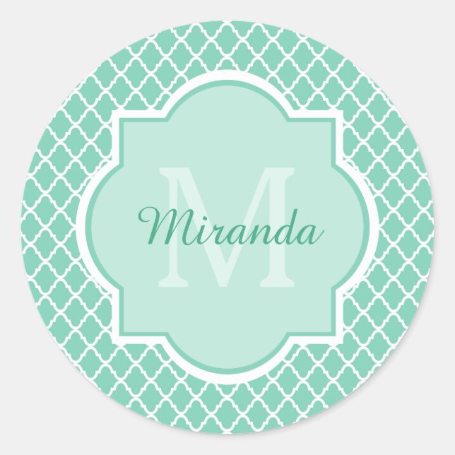 Elegant Mint Green Quatrefoil Monogram With Name Classic Round Sticker (Front)
