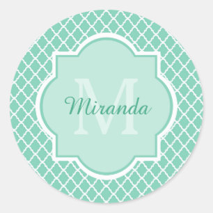Elegant Mint Green Quatrefoil Monogram With Name Classic Round Sticker