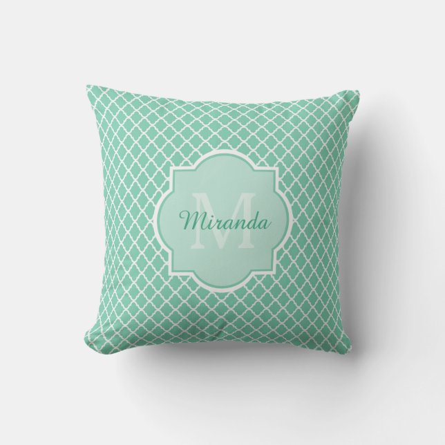Elegant Mint Green Quatrefoil Monogram With Name Cushion (Front)