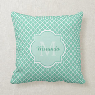 Elegant Mint Green Quatrefoil Monogram With Name Cushion