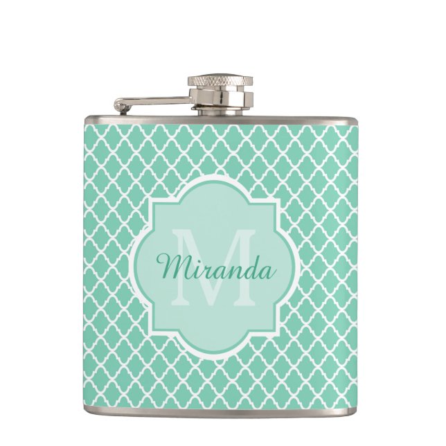 Elegant Mint Green Quatrefoil Monogram With Name Hip Flask (Front)