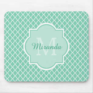 Elegant Mint Green Quatrefoil Monogram With Name Mouse Mat