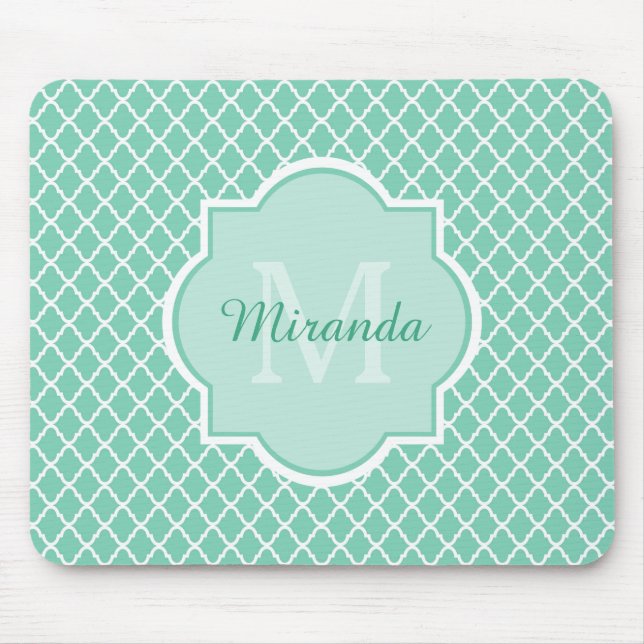 Elegant Mint Green Quatrefoil Monogram With Name Mouse Mat (Front)