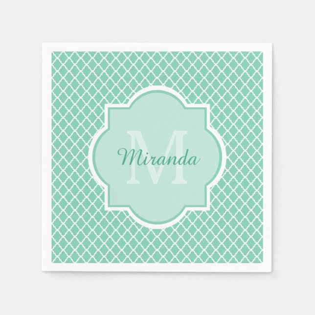 Elegant Mint Green Quatrefoil Monogram With Name Napkin (Front)