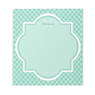 Elegant Mint Green Quatrefoil Monogram With Name Notepad