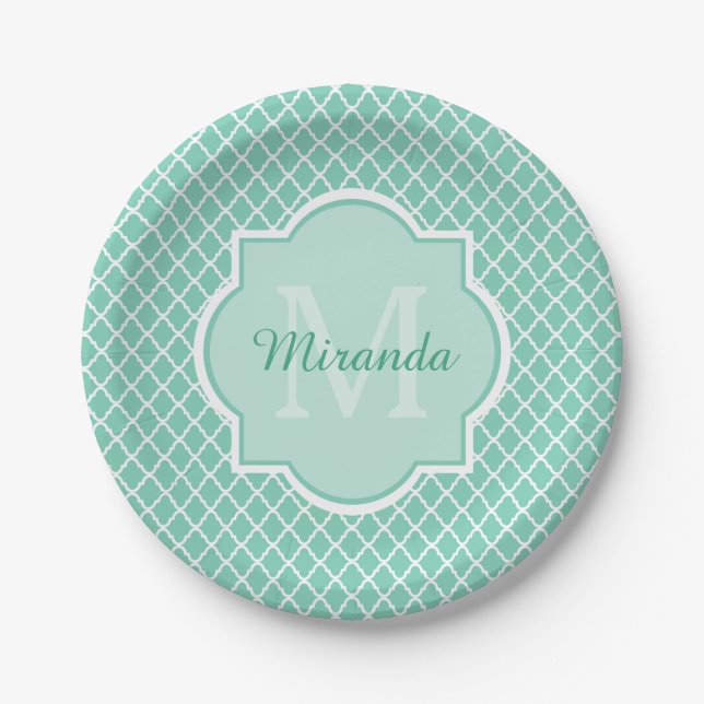 Elegant Mint Green Quatrefoil Monogram With Name Paper Plate (Front)