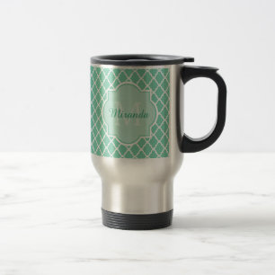 Elegant Mint Green Quatrefoil Monogram With Name Travel Mug