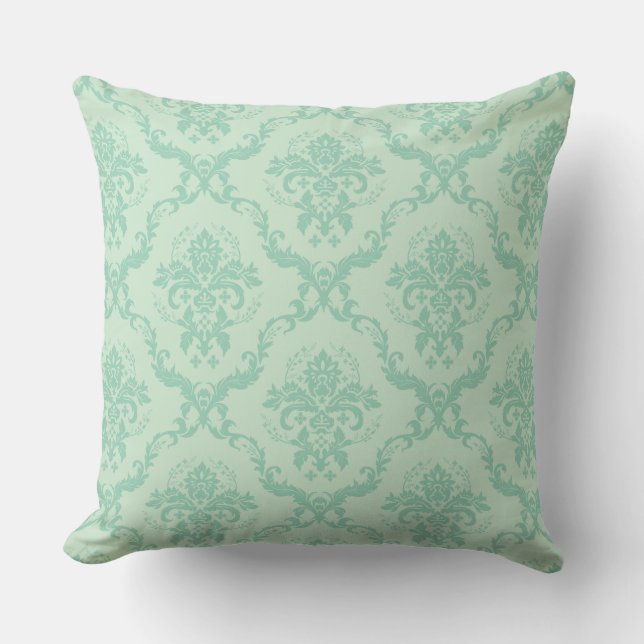 Elegant Mint-Green Tones Floral Damasks Cushion (Front)