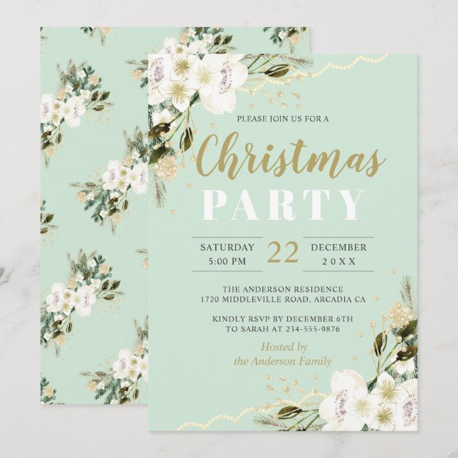 Elegant Mint Green Watercolor Floral Christmas Invitation (Front/Back)