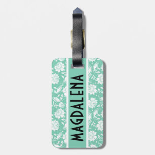 Elegant Mint-Green & White Floral Damasks Luggage Tag