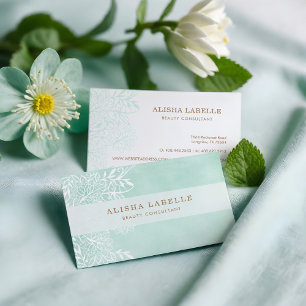 Elegant Mint Green & White Floral Foliage Lace Business Card