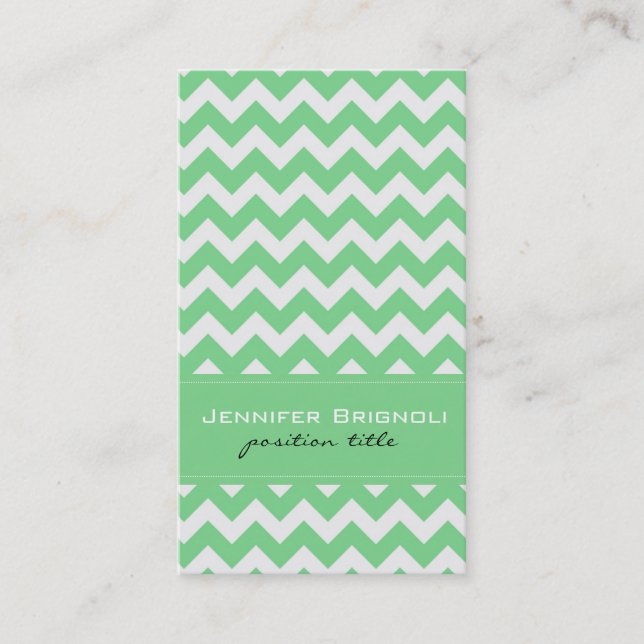 Elegant Mint-Green & White Retro Chevron Pattern Business Card (Front)