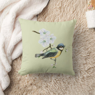 Elegant mint green yellow black bird flowers cushion