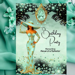 Elegant Mint Jewels Dress Gold Birthday Party Invitation