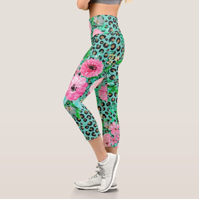 Elegant Mint Leopard Print and Floral Design Capri Leggings (Left)