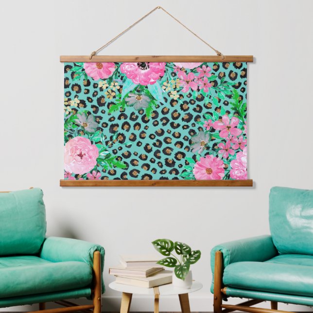 Elegant Mint Leopard Print and Floral Design Hanging Tapestry (Living Room)